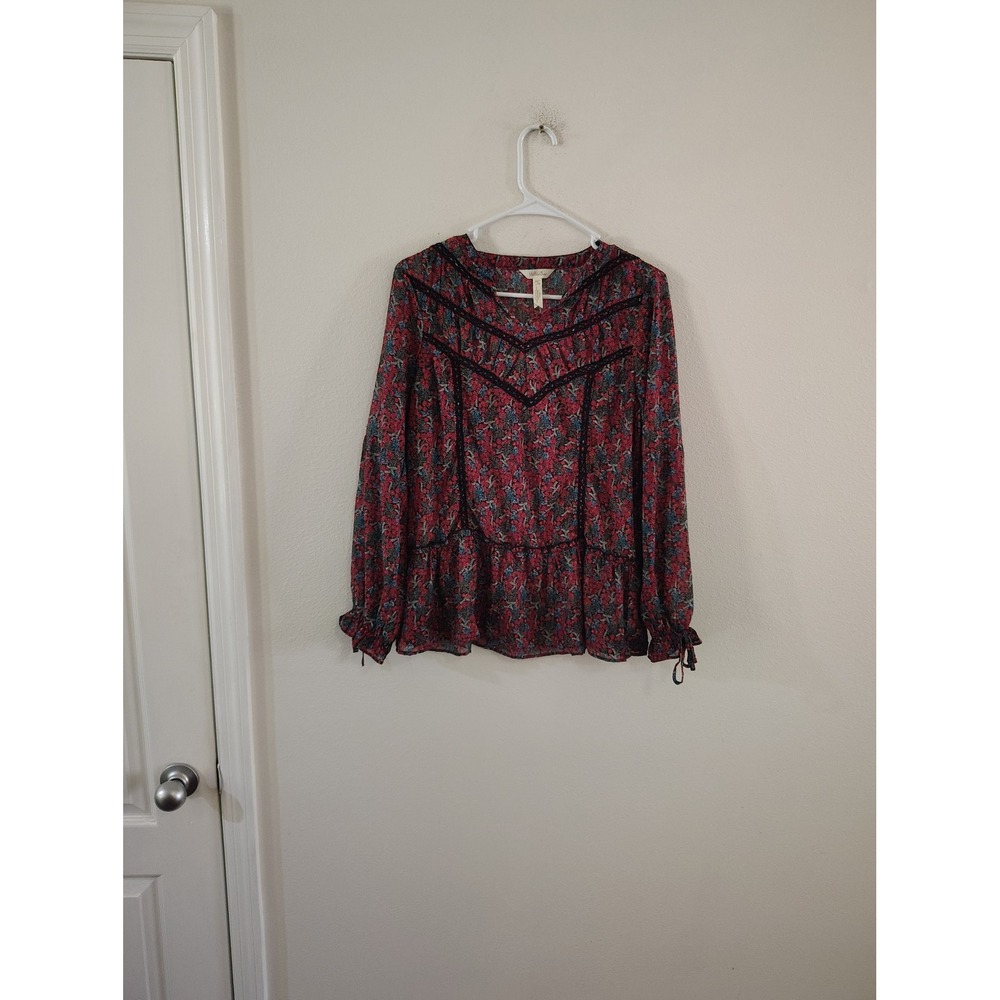 Matilda Jane Red Floral Lace Trim Peplum Blouse Small Long Sleeve Boho Top
